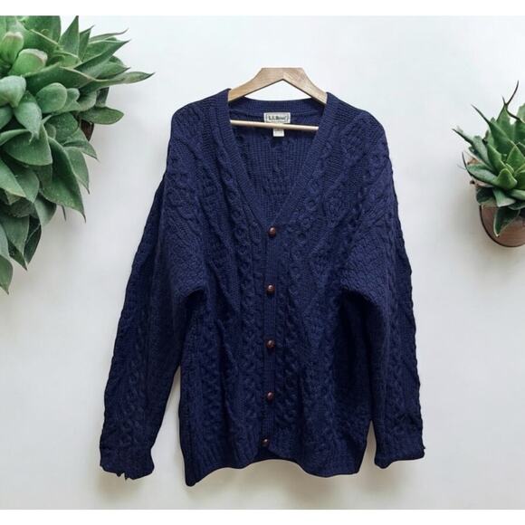 VTG L.L. Bean Me Cable Knit Sweater LT Blue 100% Wool Fisherman Cottage Ireland - Picture 2 of 10